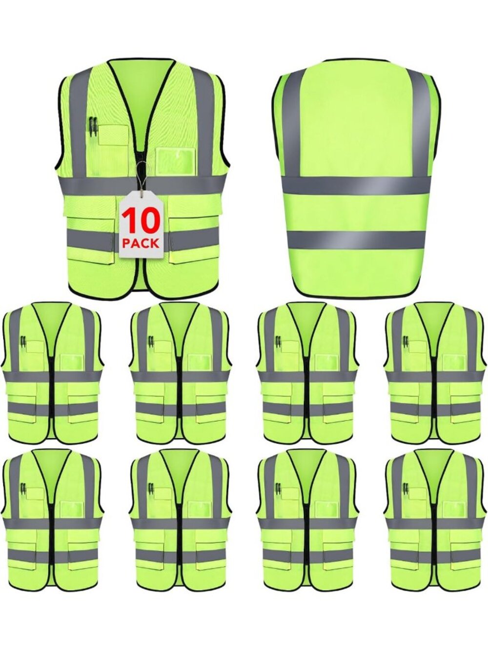 High Visibility Reflective Safety Vest for Men & Women, Zipper Front, Pockets